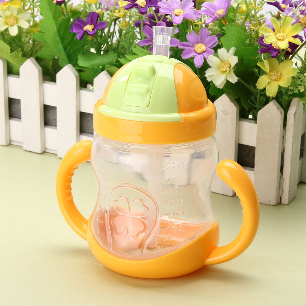 Cute Baby Cup Kids Learn Feeding Drinking Water Straw Handle Bottle