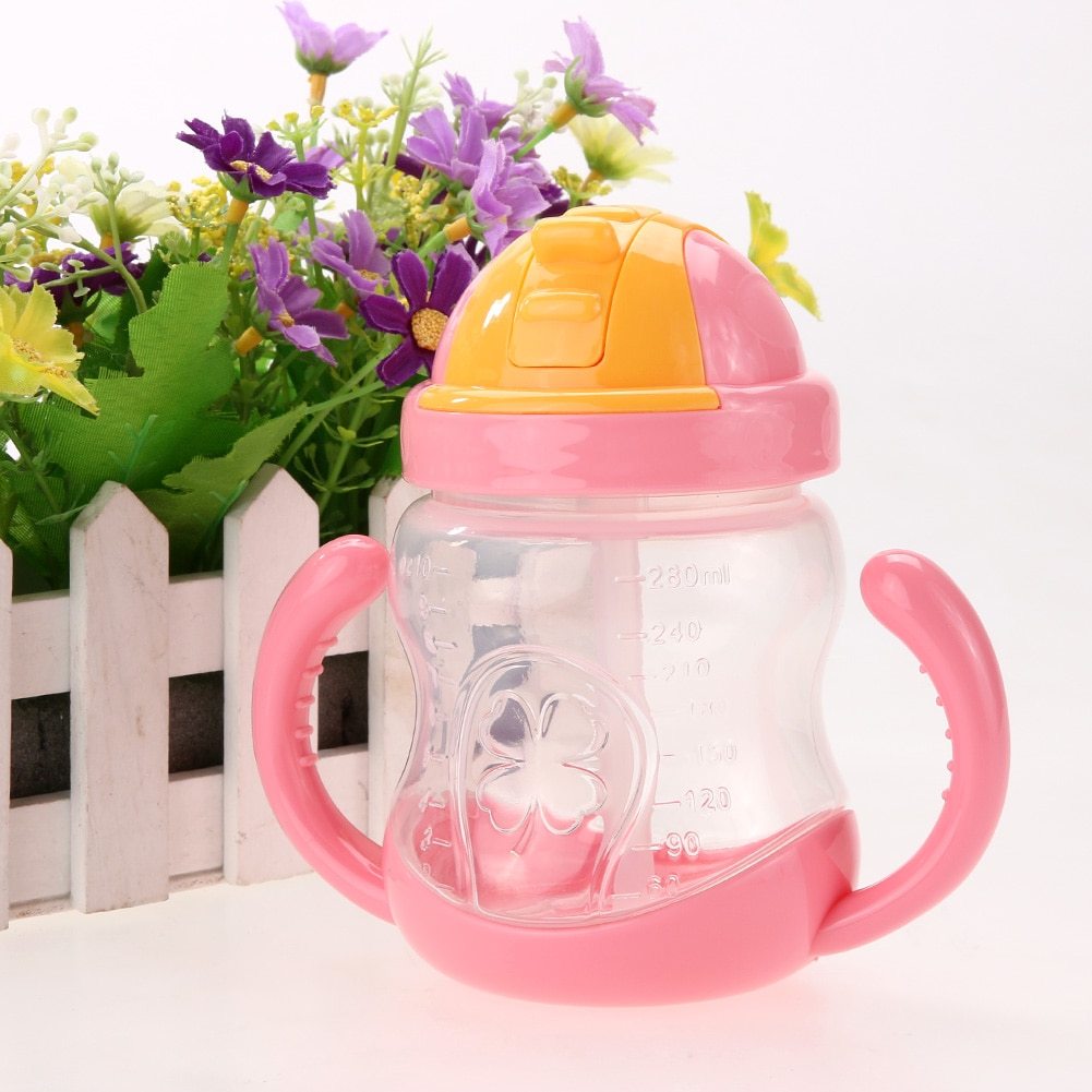 Cute Baby Cup Kids Learn Feeding Drinking Water Straw Handle Bottle