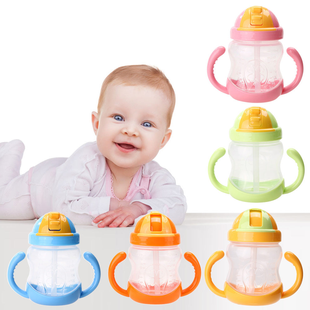 Cute Baby Cup Kids Learn Feeding Drinking Water Straw Handle Bottle